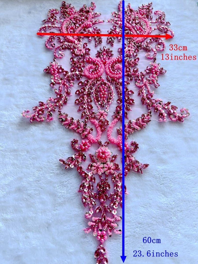 PLune Handmade Shiny Rhinestones Applique handsewing Beaded Sequins Crystal on lace Trim Patches for Prom Dress Clothing Decorative Accessories (Pink) - Image 4